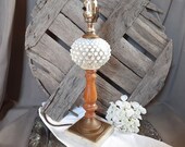1940s Moonstone Opalescent Hobnail Brass Wood Marble Table Lamp -Works Beautifully Cottage Farmhouse Mid Century