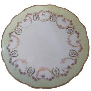 Set of 5 Antique Porcelain 8.5&quot;  Scalloped Plates - White Green Band Pink Roses Gold Swags and Trim  Unmarked Dinner Luncheon German