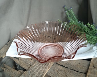 Pink Glass 11.5" Ruffled Bowl - Vintage Anchor Hocking Crimped Centerpiece / Fruit/ Serving Bowl  - Bridal Baby Shower Tea Party Cottage