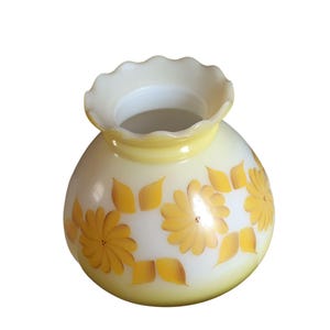 Vintage Opal Glass Hand Painted Flowers  Lamp Shade 8&quot; Fitter -  Cottage Country Farmhouse Yellow Brown Flowers Colonial Hurrican Lamp