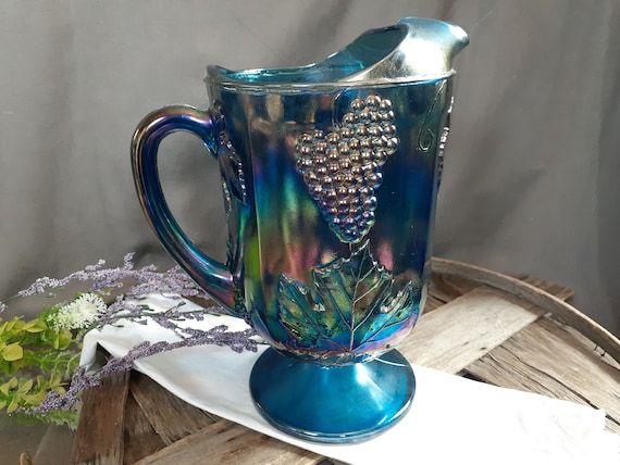 1970s Indiana Glass Harvest Blue Carnival Glass Footed Pitcher