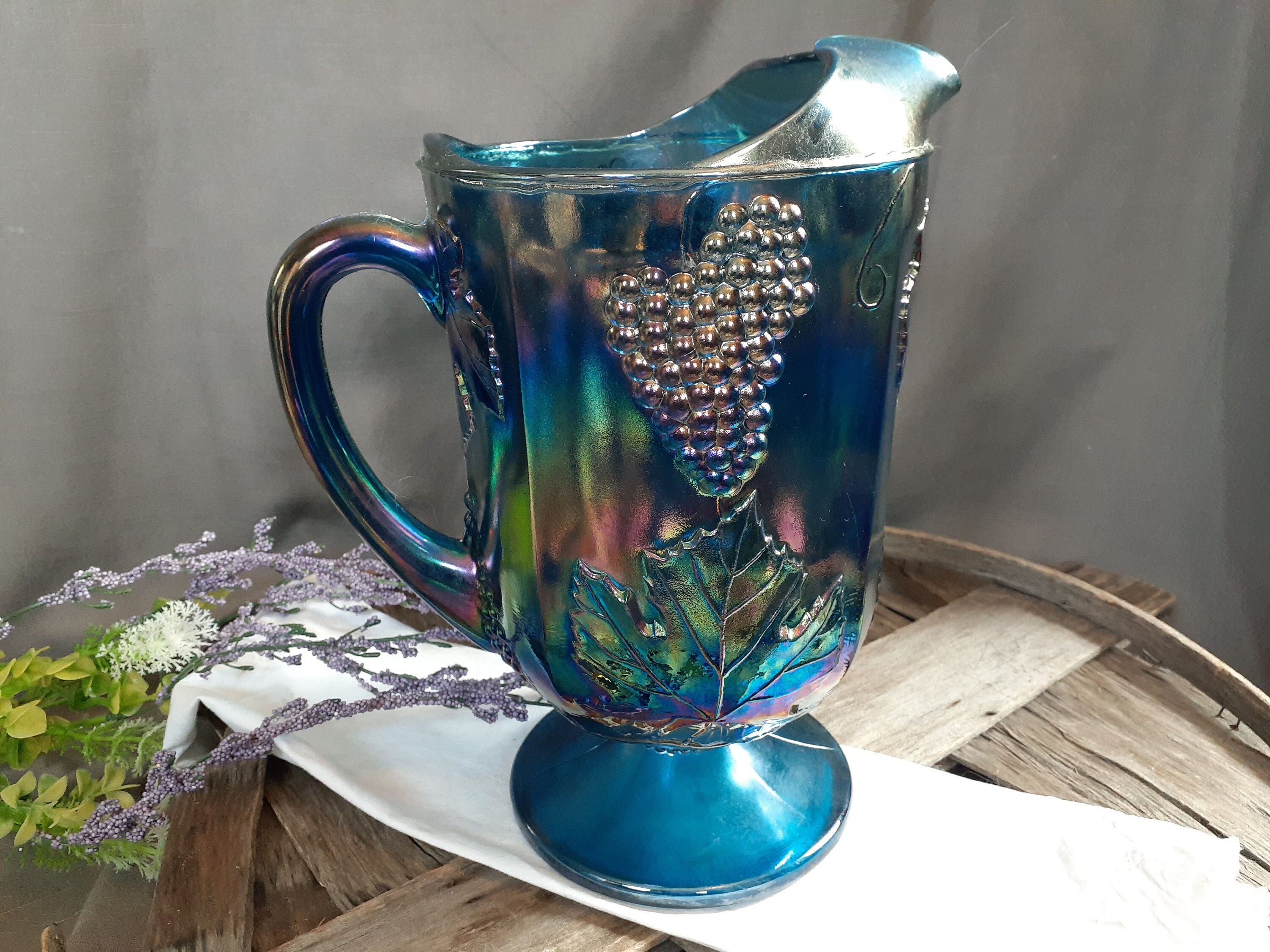 1970s Indiana Glass Harvest Blue Carnival Glass Footed Pitcher