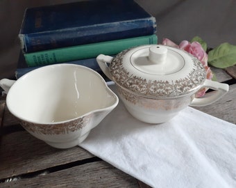 Salem China USA  Ivory & Gold Filigree  'Duchess Rose' Creamer and Lidded Sugar Bowl-  c1940-50s - Wedding Bridal Tea Cottage 23k Gold