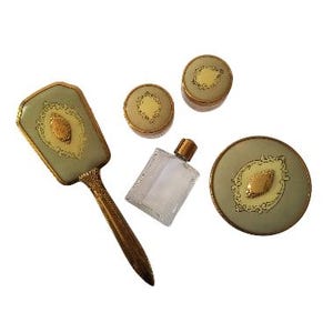Vintage Vanity Set / Dresser Jars - Mid Century Art Nouveau Style Green Gold, Coquette, Ladies Cosmetic Containers. Brush, Powder Jars