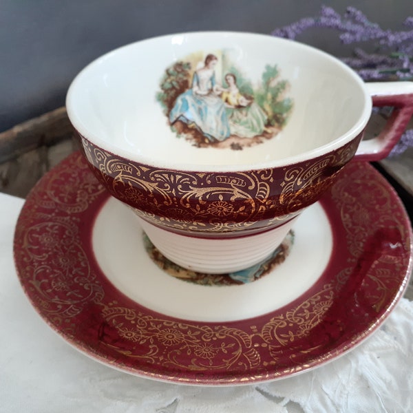 1930s Sebring Pottery  Flat Cup & Saucer Set 'Serenade'  w/ Burgundy 22k Gold Filigree Band - Colonial / Courting Couple Vintage Tea Party