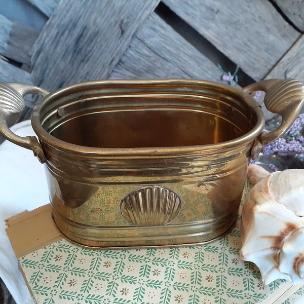 Vintage Brass Handled Container w/ Scallop Shells- Perfect for Notecards on Desk or as a Succulent Planter Pot - Oval Seashell Office Vanity