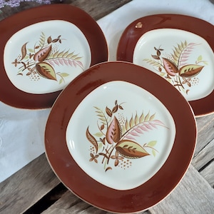 1953 Taylor Smith & Taylor Set of 3 Conversation &#39;Jamaica&#39; Pattern Bread and  Butter Plates - Cake Pie Brown Pink Green - Walter Teague