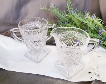 Imperial Glass Co. Cape Cod Clear Creamer & Sugar Bowl Set - Footed Fancy Stem - Tea Party / Coffee Bar / Bridal Luncheon / Open Sugar