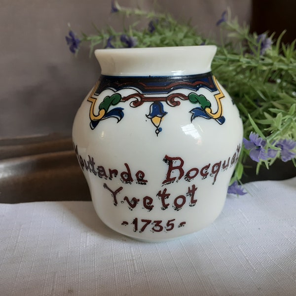 Moutarde Bocquet Yvetot -1735 - Vintage French Mustard Jar - Opalex Milk Glass - Condiment Jar, Cafe Table Vase