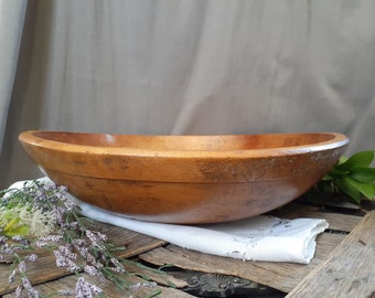 Antique Wood Collared Shallow Centerpice Bowl - Solid Piece of Wood Hand Lathed - Primitive Rustic Dough Bowl Lip - Farmhouse Cottage Wall