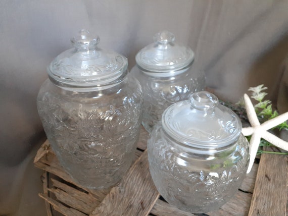 Princess House Fantasia Canisters Clear Glass Floral Storage