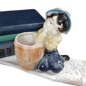 Planter Pot, Mid Century Royal Copley Daydreamer Sitting Boy Planter, Vase Pixie Boy Barrel Brush Holder, Pencil Holder, Bucolic Vintage