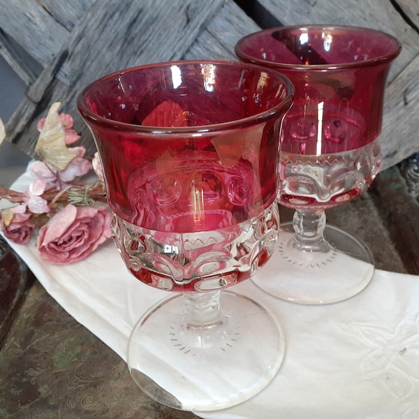 Pair of King's Crown Ruby Flashed (Top Only) Water Goblets by Tiffin-Franciscan - Vintage Glassware Barware 1950-1962  - Wedding Toast Wine