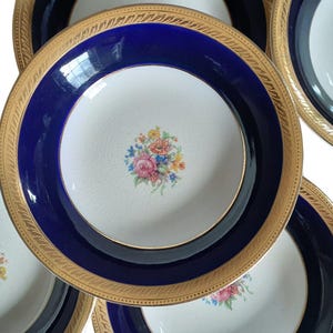 Vintage Bowls Crown Ducal Sauce Bowls Set of 6 Blue Floral Center Gold - Dessert Bowls, Berry Bowls, Fruit Bowls, Admiral, Empress, Colfax