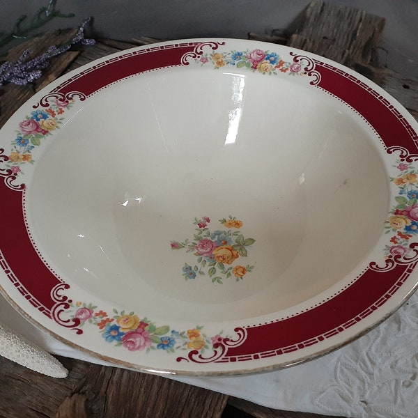 Homer Laughlin Rimmed Round Vegetable Bowl c1948 - Vintage Serving Dish - Floral and Burgundy Rim - Multicolored Flowers Pink Yellow Roses