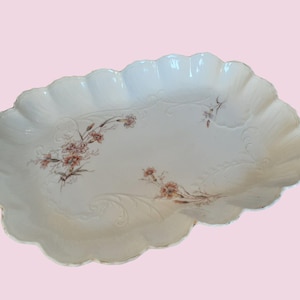 Serving Tray Weimar Germany Embossed Fluted Sides - Vintage Platter, Vanity Tray - Dianthus Floral Sprays Pink Gray Coral White Yellow