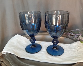 Pair of Vintage Libbey Glass Co. Gibralter Dusky Blue Water Goblets / Wine Glasses -  Panelled Stemware Bar Cocktail Drinking Glasses