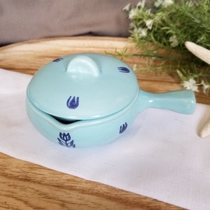 Cameron Clay Dutch Blue Individual French Casserole 1958-61 - Vintage Blue Tulip (NOT Cronin) Handled Ovenware Bakeware