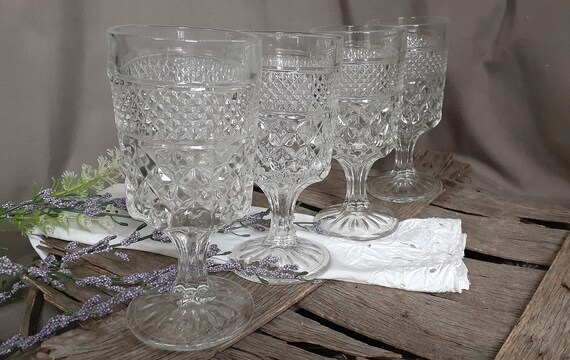 Vintage Wine Glasses. Glassware Ornate Etched Crystal Clear Tall Water
