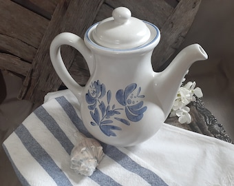 Vintage Pfaltzgraff Yorktowne Stoneware Coffee Pot -  Blue Floral On White  - French Country , Cottage, Buffet, Tea Party