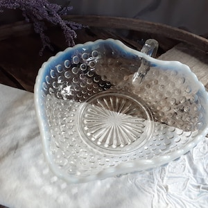 1940s Moonstone Clear Opalescent Hobnail Handled Heart-shaped Bowl by Anchor-Hocking Glass - Vintage Candy  Nut Trinket  Dish - Bridal Gift