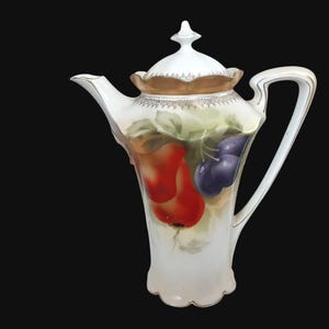 Antique Teapot  BT Co. Germany Chocolate Pot / Coffee Pot - 1891-1907 -  Hand Painted Porcelain, Fruits Gold Trim, Grand Millenial Tea Party