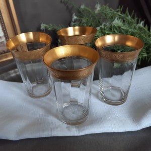 Tiffin- Franciscan Minton Juice Glasses -  Flat Tumblers Optic w/ Gold Encrusted Rims 1930-67 - Vintage Glasses Guest Room / Vanity / Bar