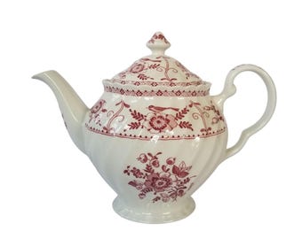 Vintage Teapot Johnson Brother Indies Pink 1974-2005 Red White Floral Birds Swirl, Cottage, English Country  Tea party Service Traditional
