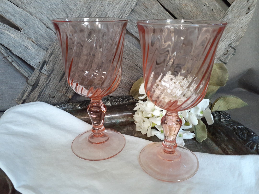Vintage Pink Swirl Rosaline Water Goblets PAIR of Wine Glasses by ...