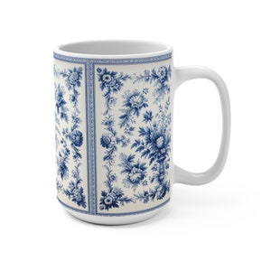 Big Mug - French Toile Blue Floral Vase 15oz Pretty Mug, Flowers, French Country Style, English Country Decor, Cottage Kitchen, Gift for Her