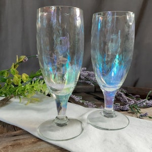 Vintage Glassware Pair of Cocktail Glasses - Port Dessert Sparkling Wines - Mid Century Shimmering Draped Optic Loop Iridescent
