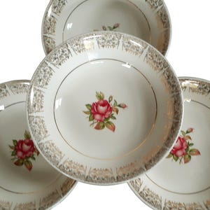Vintage Dishes Salem China USA Set of 4 &#39;Duchess Rose&#39; Coupe Cereal Bowls - Bridal Tea Cottage Pink Roses Gold, Vintage Dinnerware, Floral
