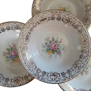 Vintage China Sauce Bowls / Dessert Bowls in Rosalie by Limoges (American) c.1947 Set of 4 Triumph Floral bowls Gold Cottage Dinnerware Set