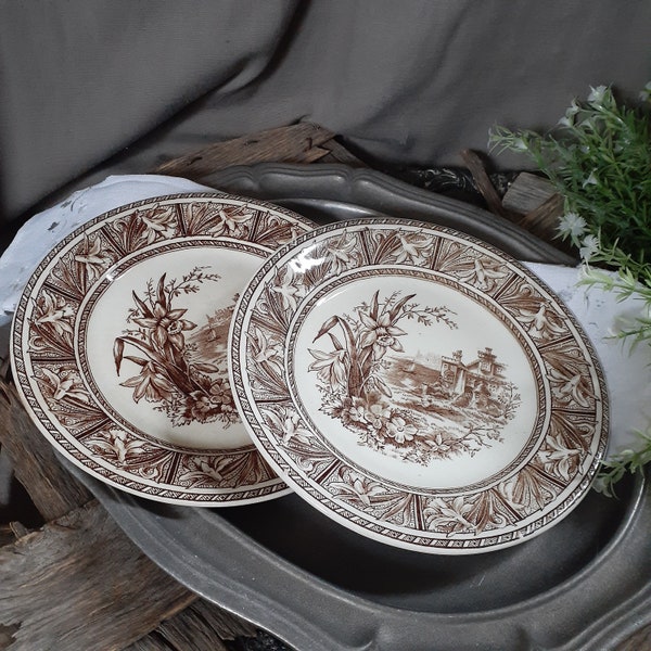 Antique China - Pair of WH Grindley Tunstall 'Daffodil' Salad Plates c.1872 - Brown & White Dishes English Manor Lake Scene Cottage Country