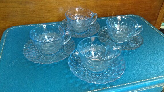 2 Anchor Hocking Glass Company Bubble Sapphire Blue Cups & Saucers Set Vintage 2 Anchor Hocking Glass Company Bubble Sapphire Blue Cups & Saucers Set Vintage