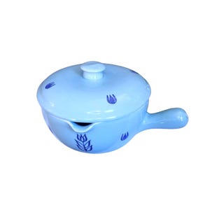 Vintage Cookware Cameron Clay Dutch Blue Round French Casserole 1958-61  Blue Tulip (NOT Cronin) Handled Sauce Pan w/ Lid Spout, Ovenware