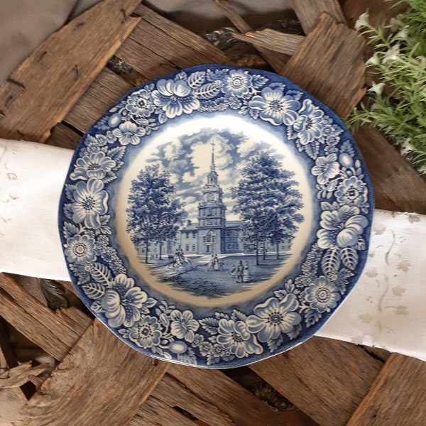 Liberty Blue Dinner Plate - Staffordshire Ironstone w/ Independence Hall-  Multiple Available! Traditional Wall Decor Blue & White China