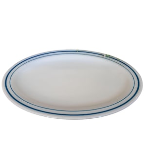 May include: Oval white serving platter with two blue stripes around the rim. The plate is made of a glossy material and is set against a white background. A classic design for serving food.