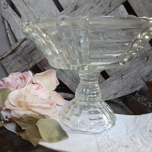 Vintage Glass Bowl Jeannette Glass Co. Floragold Clear Centerpiece Pedestal Fruit Flower Bowl - 1950-70s Basketweave & Flower Pattern Bridal