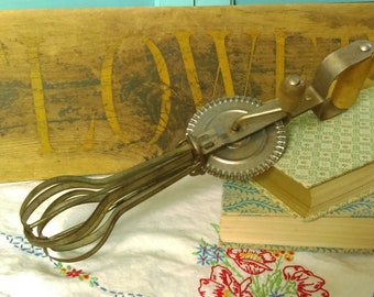 Vintage Hand Mixer Egg Beaters w/ Natural Wood Handles - Rustic Country Kitchen Manual Appliance Baking Cottage Shabby Farmhouse