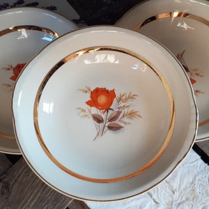 C1940s Set of 3 Cereal Bowls by Paden City Pottery USA w/ Orange Rose Brown Leaves 22 k Gold Trim - Vintage Vermillion Floral Dessert Salad