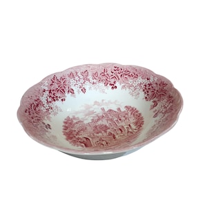 J & G Meakin Pink / Red White Round Vegetable Serving Bowl 'Romantic England' Pattern  West Gate Bucolic Vintage Dinnerware