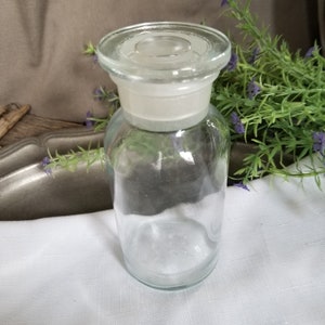 TCW. CO Pharmaceutical/ Apothecary Bottle 5.5&quot; Stock Bottle w/ Lid / Ground Stopper / Wide Neck Medicine Doctor&#39;s Office Vanity Storage Jar