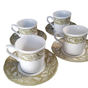 Vintage Mugs J & G Meakin Renaissance Green Sterling Set of 4 Cups and 4 Saucers (8 pcs) - Vintage English Green w/ White Flowers, Everyday