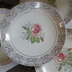 Vintage Bowls Salem China USA Set of 4 &#39;Duchess Rose&#39; Soup / Pasta Bowls - Bridal Tea Cottage Pink Roses Gold Floral,  Vintage China Set
