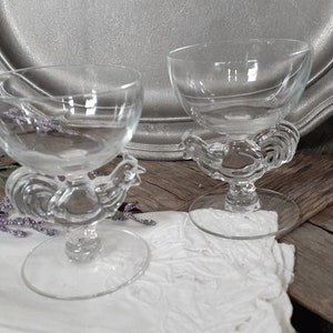 Pair of Morgantown Glass Chanticleer Rooster Liquor Cocktail Glasses - Vintage Glassware Stemware Barware Coupe Champagne