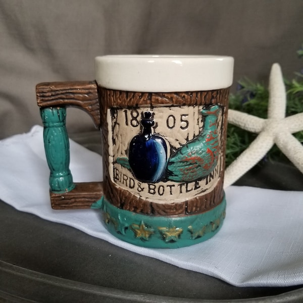 Vintage Napco Ware Beer Mug Bird and Bottle Inn 1895 Colonial Revival Style Mug  Bas Relief Wood Look Beer Stein Style Ceramic Bar Barware