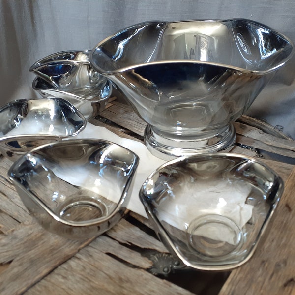 Silver Fade /  Luster Master & Individual Salad Bowls / Popcorn / Snacks - Each Sold Separately c.1970s - Mod Ombre Silver on Clear Bowls