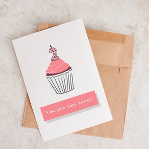 Zwei Jahre alte Geburtstagskarte, zwei süßer Geburtstag Geburtstag, Mädchen-Geburtstagskarte, Cupcake-Geburtstagskarte, zweiter Geburtstag