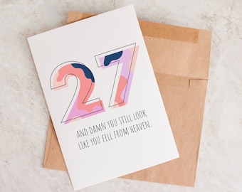Funny 27th Birthday Card: "Fell From Heaven" Design